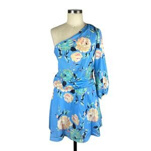 YUMI KIM Sky Blue Garden Dress Floral One Shoulder Mini Style Large NWT